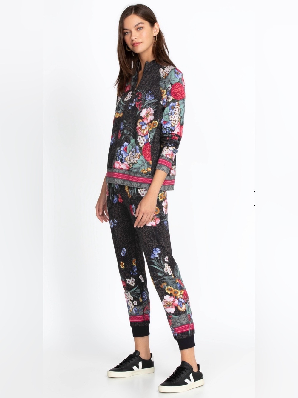 Johnny Was ONYX SISTINE FRENCH TERRY Floral Black Half-Zip Lounge Set